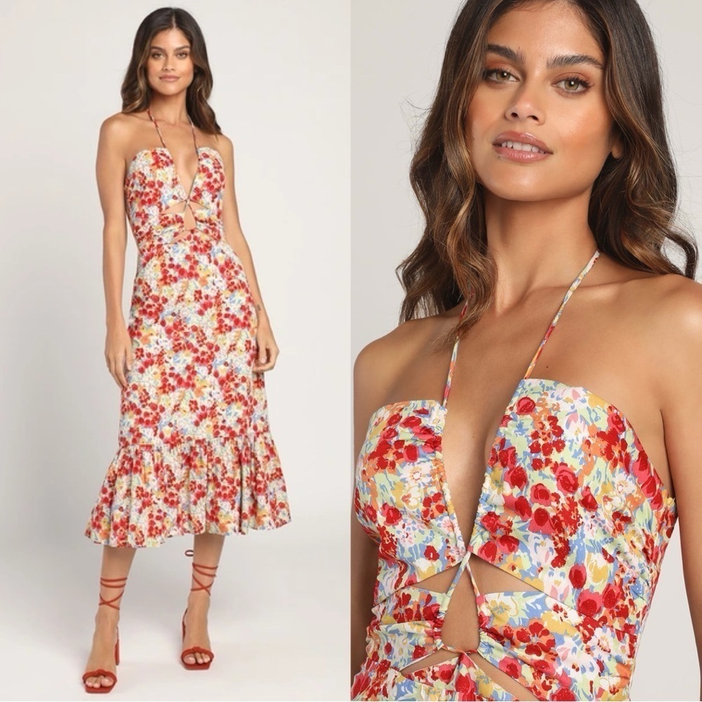 Lulu's Red Floral Midi Dress
